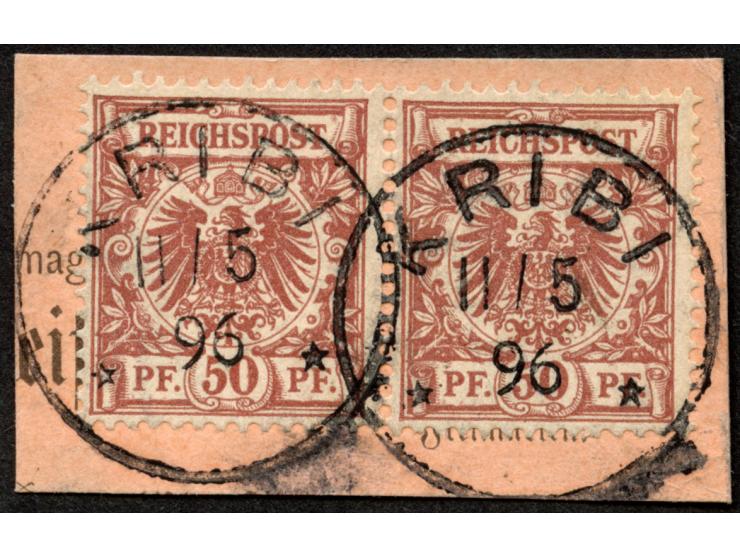 1890/1900, Krone/Adler 50 Pfg. mittelbraunrot, waagerechtes Paar, sauber gestempelt “KRIBI 11/5 96” auf Postanweisungsausschn