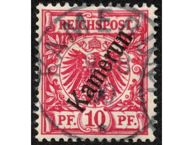1897, Aufdruckausgabe 10 Pfg. lilarot, hellzinnober quarzend, sauber gestempelt “KAMERUN 9/8 00”, tadellos, Befund Jäschke-L.