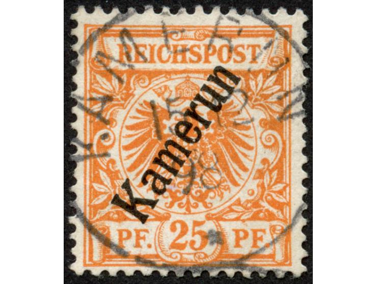 1897, Aufdruckausgabe 25 Pfg. dunkelorange, mit Plattenfehler “I in Reichspost oben gespalten”, sauber gestempelt “KAMERUN 15