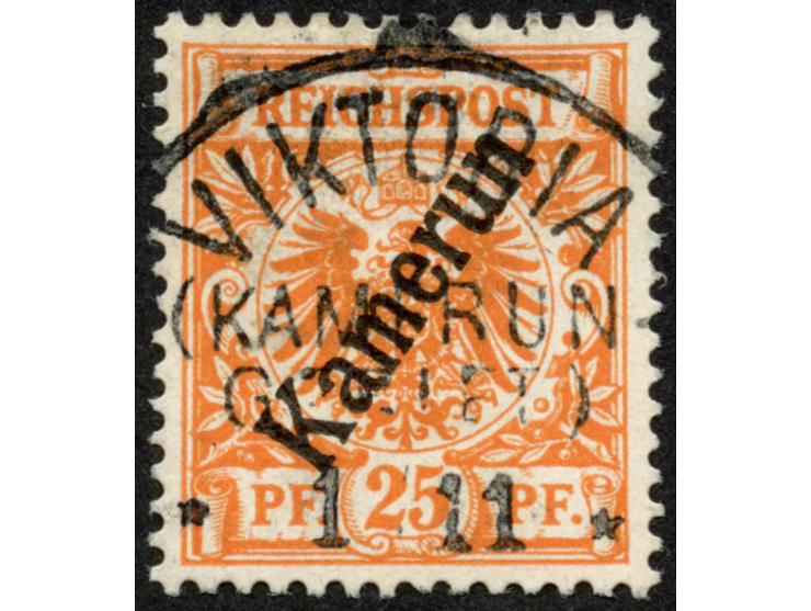 1897, Aufdruckausgabe 25 Pfg. dunkelorange, mit Plattenfehler “I in Reichspost oben gespalten”, sauber gestempelt “VIKTORIA 1