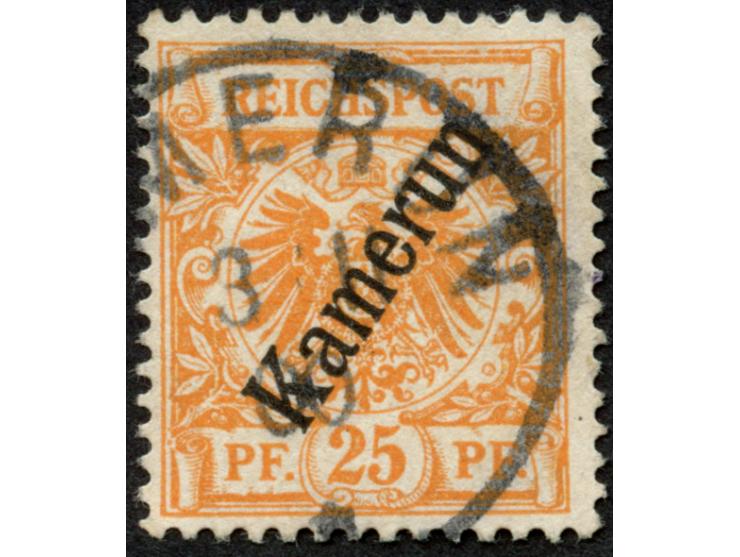 1897, Aufdruckausgabe 25 Pfg. gelblichorange, mit Plattenfehler “farbiger Punkt neben linker unterer Bandrolle”, sauber geste