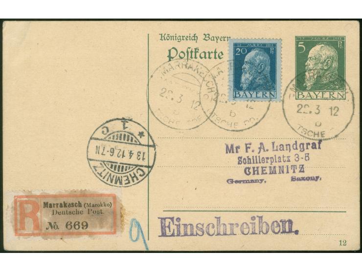"MARRAKESCH KK 22.3.12” auf Bayern 1911, Ganzsachenkarte 5 Pfg. mit Zufrankatur 20 Pfg., als Einschreiben an Landgraf, Chemni