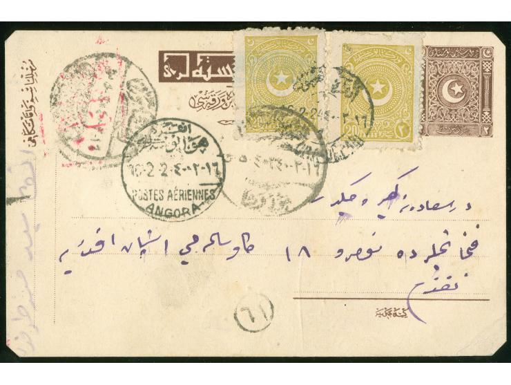 1924, First Flight ANGORA-ISTANBUL, 2 kurus postal stationery card used uprated with two 20 paras yellow performing 3&nbsp; k