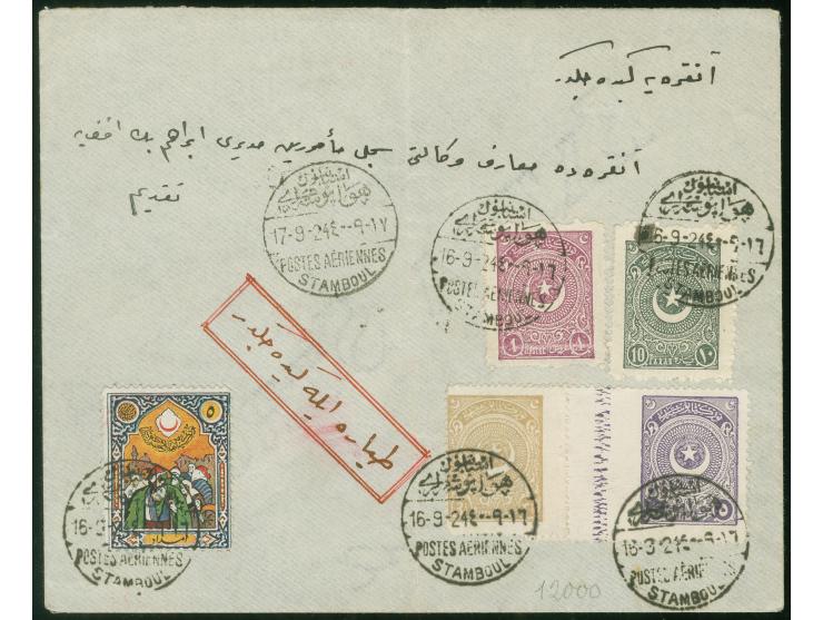 1924, Flight ISTANBUL-ANGORA, envelope showing crescent and star issue 9 kurus rate and scarce red crescent 5 para, all tied 