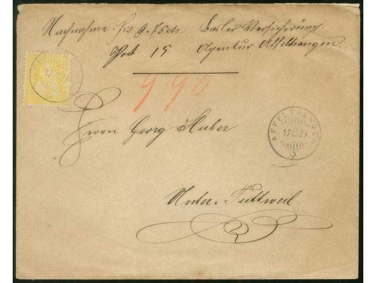 1879, 15 C gelb, weisses Papier, sauber entwertet AFFELTRANGEN 17/VIII/79 auf Nachmahmebrief mit handschriftlicher "990" in r