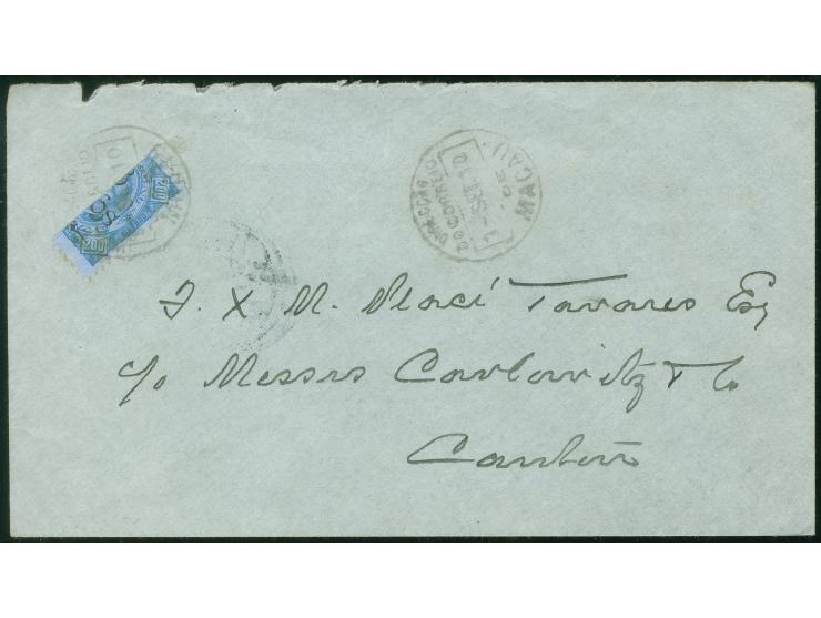 1910, 6 a. on 200 r. blue on blue paper BISECTED vertically tied by "Direcção/dos Correios/de/Macau1.09.1910" cds. to cover t