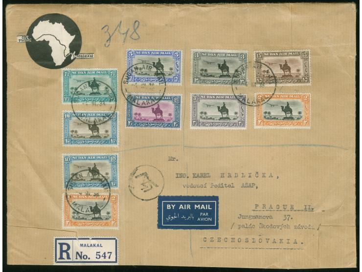 1938, large-size registered cover from MALAKAL via Athens,franked by set of ten stamps 1931-38 air mails, all tied by "Sudan 