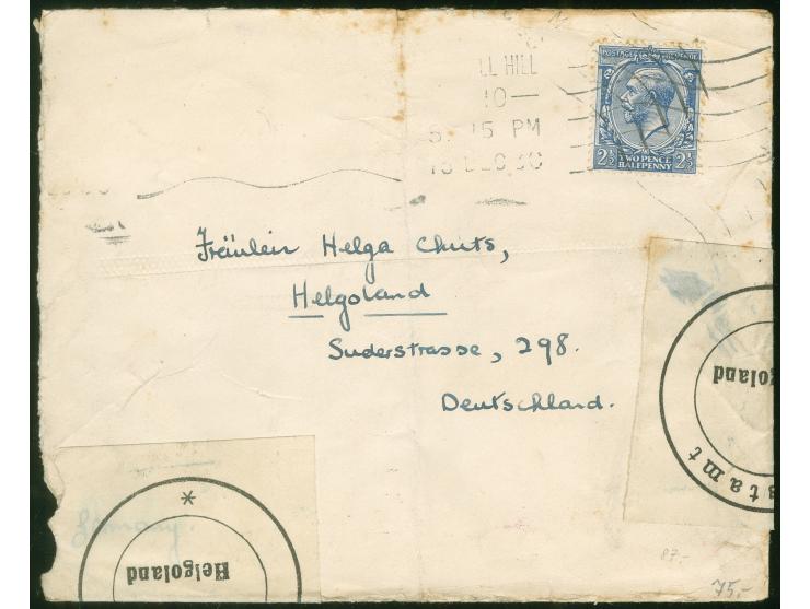 1930, Brief aus England mit King George V 2 1/2 d. blau, rückseitig blauer Vierzeiler 'Beschädigt beim Postamt Helgoland eing