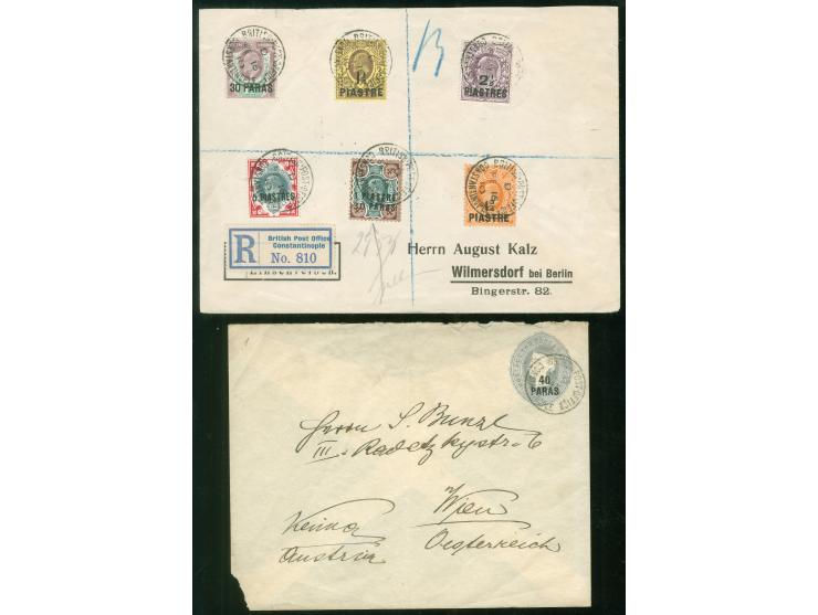 1910, registered cover with six stamps up to 5 pia. on green and carmine tied by BRITISH POST OFFICE CONSTANTINOPLE D FE/16/1