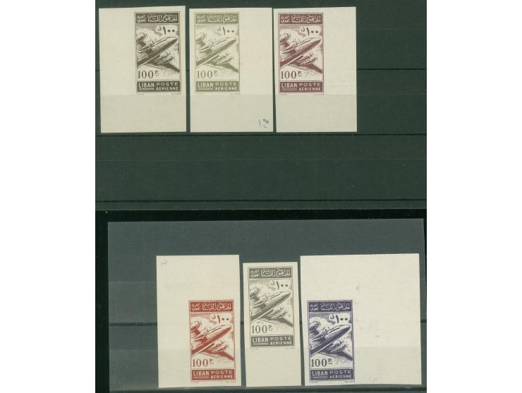 1953, Lockheed Constellation 100 pia. imperforated six color trial proofs in different colours, all with sheet margin on gumm