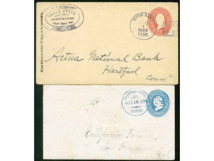 1870-83, two postal stationery envelopes 1 c. blue and 2 c. red with clear cancellations South Bend Nebr. 1883 in violet &amp