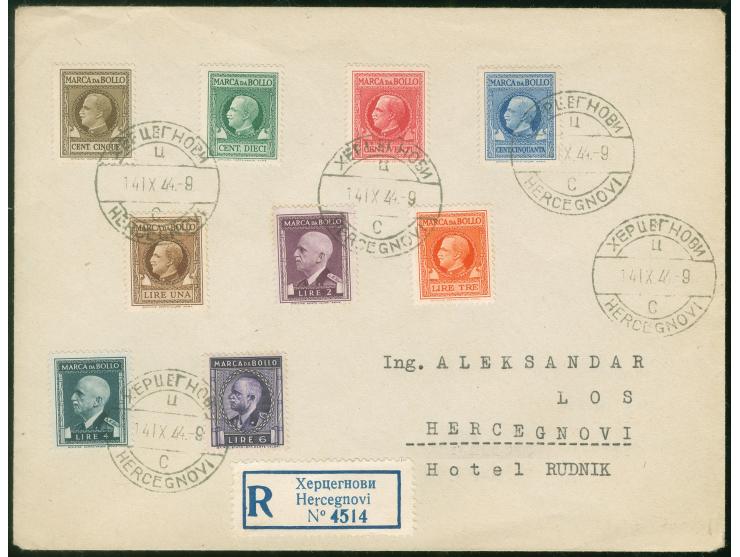1944, set of 9 revenue stamps 5 c. to 6 l. tied by "HERCEGNOVI 14.IX.44" cds. to registered cover with arrival mark on revers