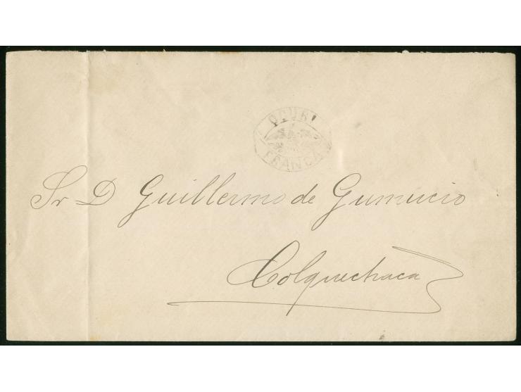 1865 ca., Entire letter to Colquechaca struck with oval framed "OCURI / FRANCA" handstamp in black, fold at left, otherwise f
