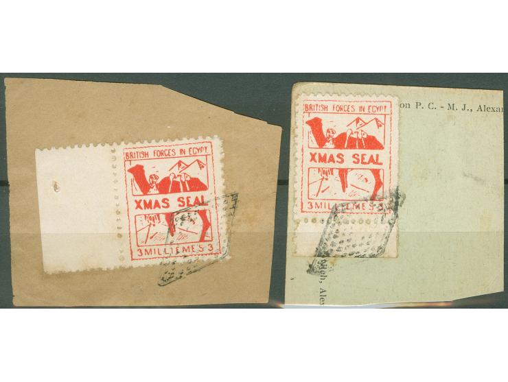1935, British Forces in Egypt: 3 m. vermilion and pale vermilion, two Xmas Seal stamps tied by retta cancellation to piece, l