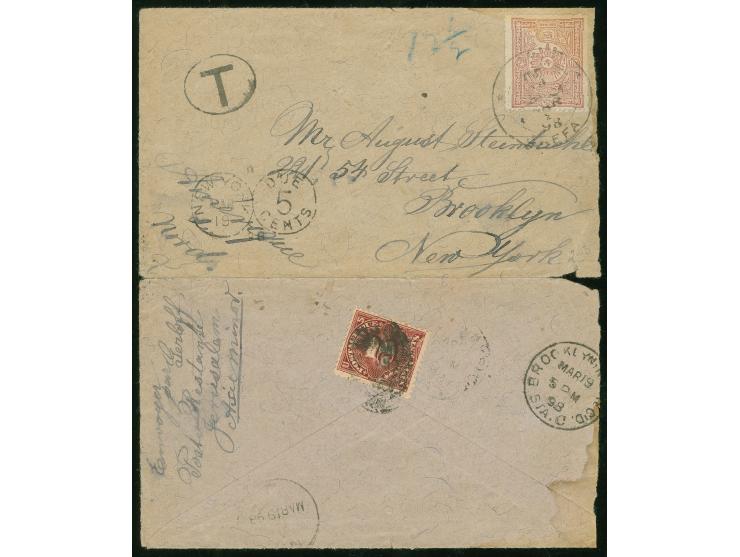 1898, 20 para dull violet tied to cover by JAFFA 3/MAR/98 cds., oval "T" for taxe and blue crayon 12 1/2, addressed to USA, a