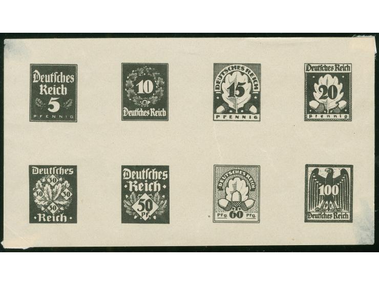 1922, Essays zu einer nicht realisierten Ausgabe “Eichenlaub und Ziffern” 5-100 Pfg., acht verschiedene Entwürfe in Schwarz i
