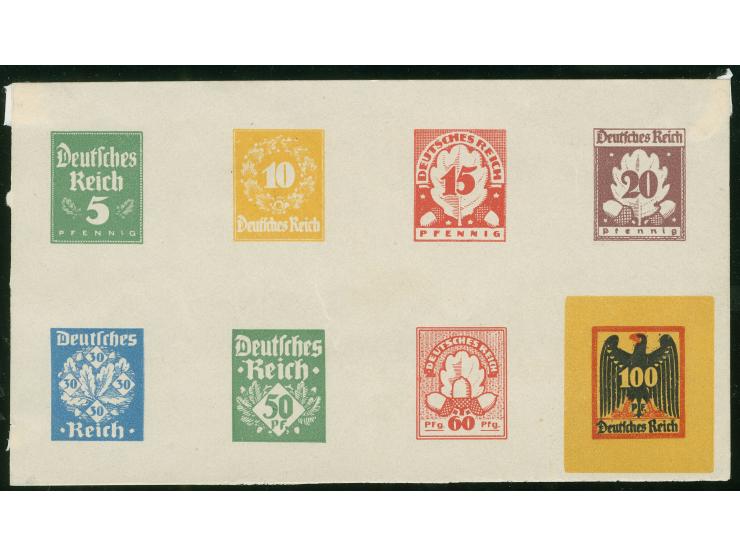 1922, Essays zu einer nicht realisierten Ausgabe “Eichenlaub und Ziffern” 5-100 Pfg., acht verschiedene Entwürfe mehrfarbig i