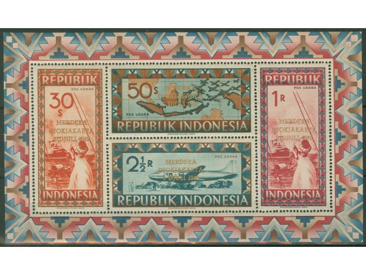 1949, Liberation of Djakarta, gold overprints MERDEKA on Air Post stamps of 30 
s.,
 50 s., 1 r. and 2 1/2 r . (inscribed P
