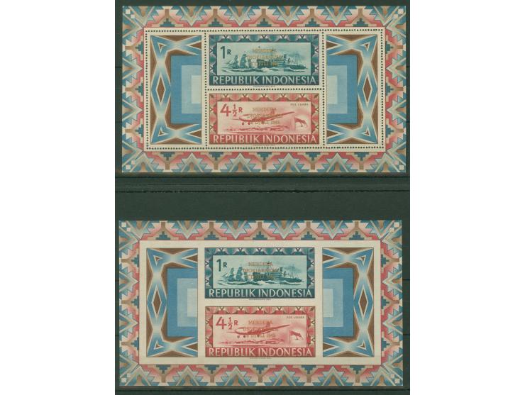 1949, Liberation of Djakarta, Vienna printings, gold overprints MERDEKA on two souvenir sheets, imperforate and perforate, bo