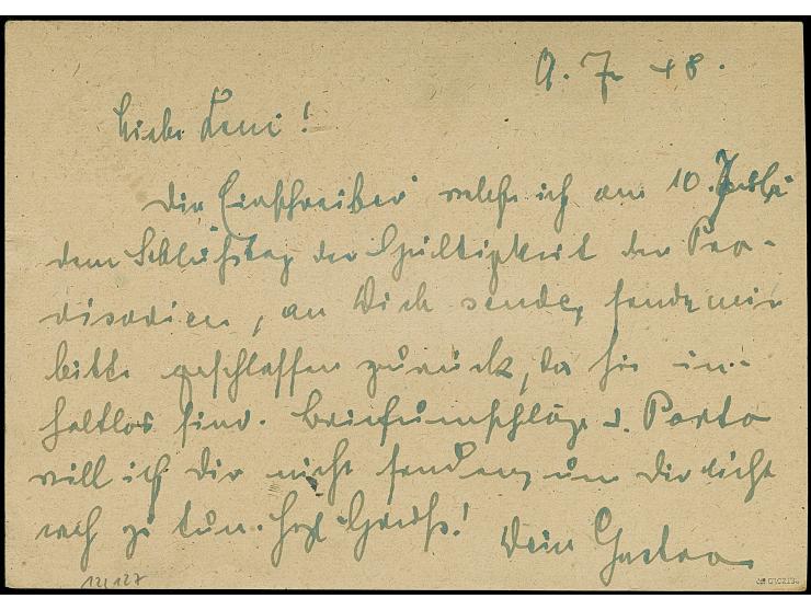 “14/Meißen 1” (Arge 14/62a) auf Karte Arbeiter 12 Pfg., mit Ortswerbestempel “Meissen 9.7.48”, nach Wilsdruff, rechts leicht 