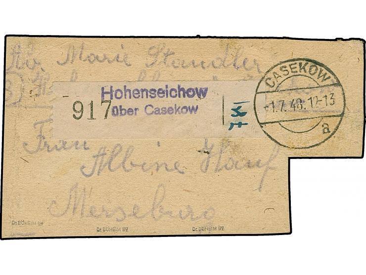 “38/Casekow” (Arge 38/3) auf Arbeiter 40 Pfg. und einem Paar und 3er-Streifen 80 Pfg., auf Not-Paketkartenabschnitt, sign. Bö