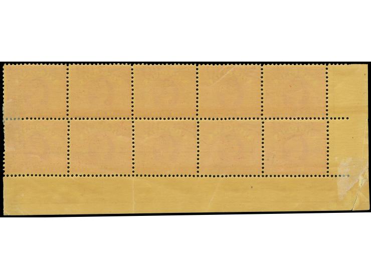 
1901-10, 1 ½ d. maroon on yellow, perf 12 x 12½, a corner margin block of ten, mint never hinged og. Very fine SG £ 104++

