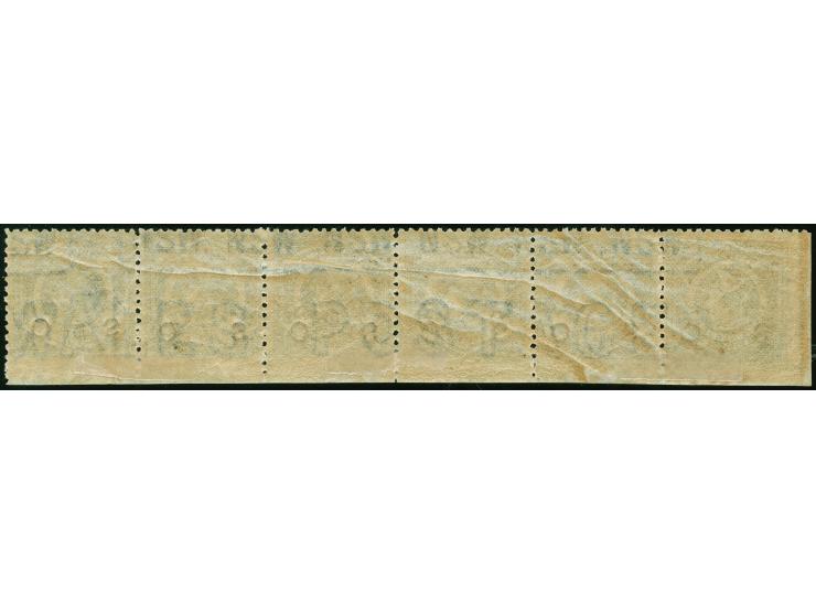 1879, 5 d. green, horizontal corner margin strip of six, overprinted "OS" in black, inverted wmk. Crown over NSW &amp; “WALES