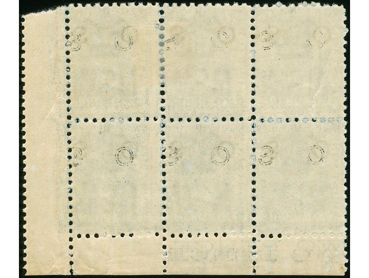 1882-85, 2 d. blue, overprinted "OS" in black (off-set impressions on reverse), corner margin showing imprint “.WO PENCE”, wm