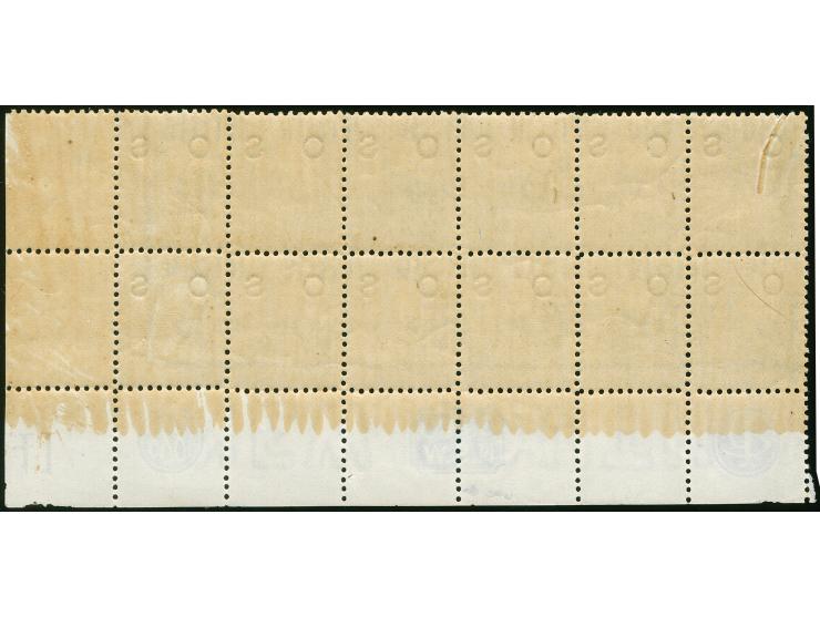 1888-90, 2 d. prussian blue, overprinted "OS" in black, wmk. Crown over NSW, block of 12 showing margin imprint “PC” &amp; “G