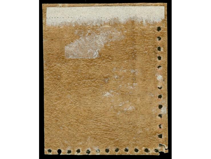 1860-72, 1 d. dull red, watermark “1”, perf. 13 misplaced and cut, deep fresh colour, unused full brownish og., fine SG £ 170