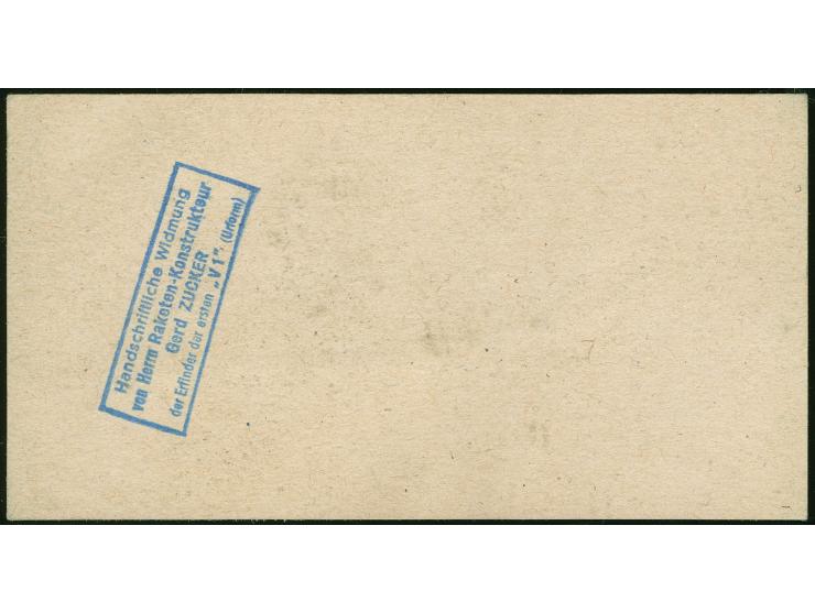 1931, Deutscher Raketenflug 1 Mark in braun, grün, hellblau, drei Einzelabzüge auf Kartonpapier, zwei mit hs. Signatur von Zu