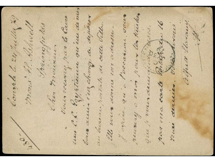 1879, 20 Para violet postal stationery cut out tied by Constantinople 24/Juil 1879 c.d.s. to Formular card 1870 issue to Engl