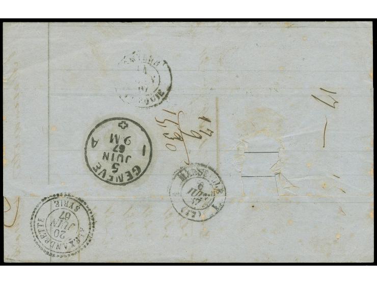 1867, "ROMANSHORN - ZÜRICH 4/6/67" auf markenlosem Faltbrief, nebengesetzter Tax-Stempel "9", hs. "Voie de Marseille &amp; de