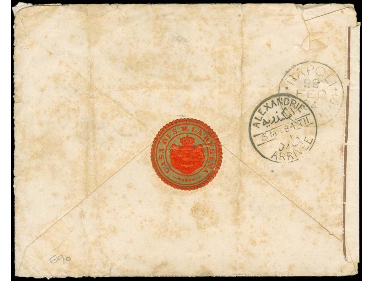 1884, "Carteggio di S.M." framed violet cachet on stampless envelope from Rome to Alexandria, on reverse red/gold label "casa
