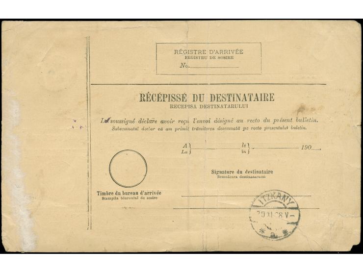 1908, 10 b. Colis Postal Bulletin d'Expedition stationery card cancelled BRAILA 10/NOV/908 with rose label and senders cachet