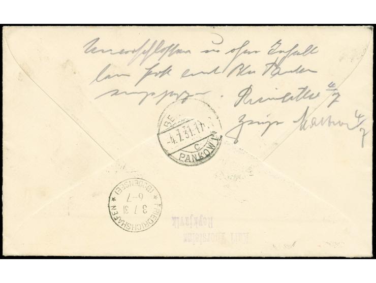1931, Iceland Return Flight, 2 kr. brown/green and 30 a. red/green tied on registered cover from REYKJAVIK, 30.VI.31, via Fri