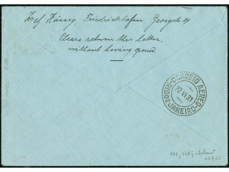 1931, Amerikaflug Do X Bordpost 30.1.31, 2 RM. SAF und 4 RM. Zeppelin auf attraktivem Brief nach New York, Transit via Rio 22