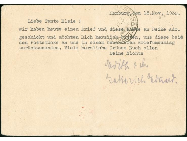 1930, Amerikaflug 8 Pf. auffrankierte GA-Karte ab Altona 19.11.30 mit Ausstellungs-SST und Vignette, via F'hafen 21.11.30 mit
