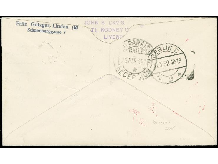 GROSSBRITANNIEN: 1932, 1. Südamerikafahrt, Brief mit 1 Sh. Freimarke ab Liverpool via Anschlußflug Berlin 19.3. und Friedrich