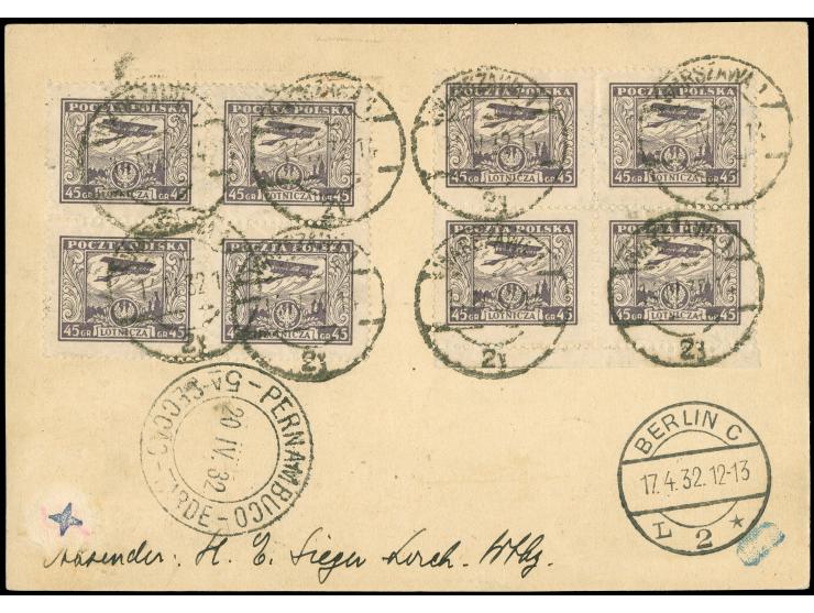 POLEN: 3. Südamerikafahrt 1932 Eingeschriebene 15 Gr. Ganzsachen-Postkarte mit vorder und rücks. Zusatzfrankatur ab Warschau 