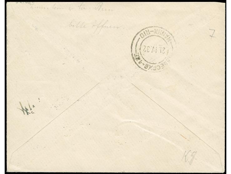 SCHWEIZ : 1932, 3. Südamerikafahrt, Zuleitungspost R-Brief mit Flugpost-Frankatur von BERN 15.4.32 via Friedrichshafen 18.4. 