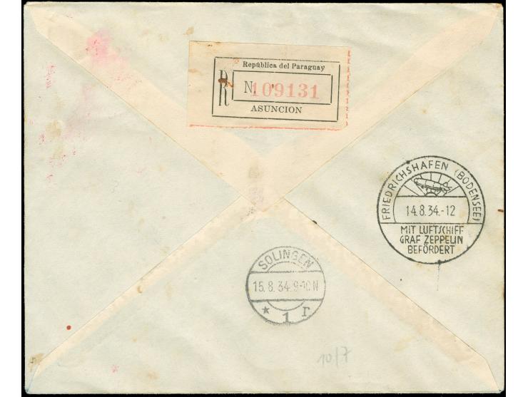 Paraguayische Post: 5. Südamerikafahrt 1934, R-Brief ab Asuncion 14.8. mit 2x 4,50 p. sowie 13,50 p. Zeppelin "1934" in bunte