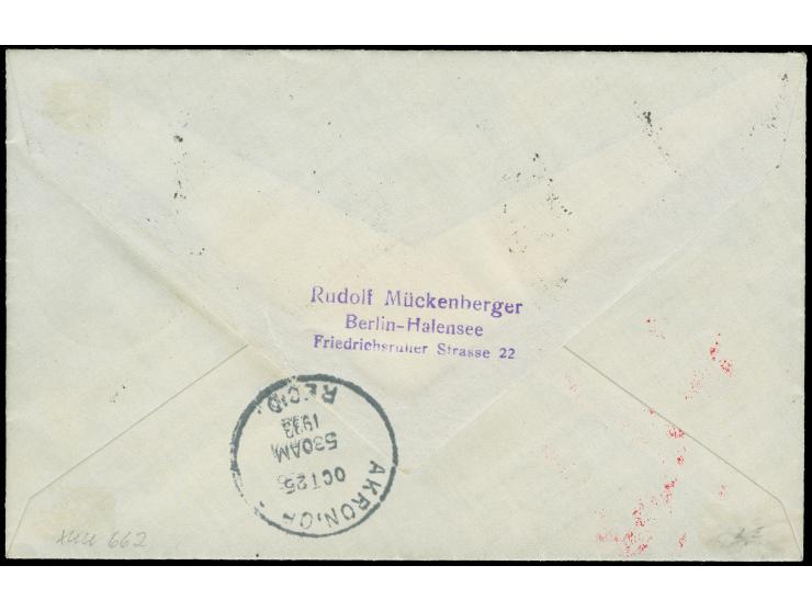 1933, Chicagofahrt Weltausstellung, 2 Mk Chicagofahrt und 10+15 Pf Beifr. auf Brief ab Friedrichshafen 14.10.33 roter Bestäti