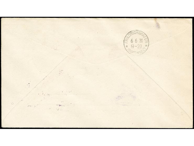 Südamerikafahrt 1930, Argentinien, Brief mit 2 x 90 c. und 1 p. je grüner Aufdruck, bis Friedrichshafen mit rs. Ak.-Stempel
