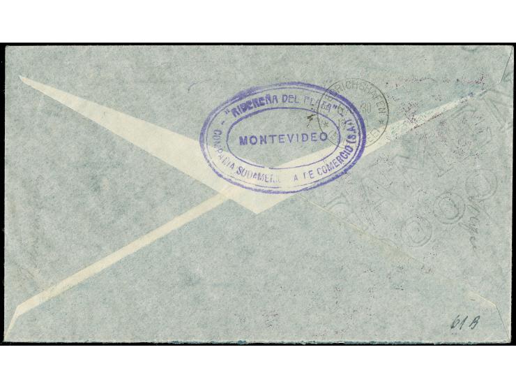1930, Zeppelin cover from Montevideo 21.5.30 to F’hafen 6.June arrival mark on reverse, violet round trip diamond cachet, box