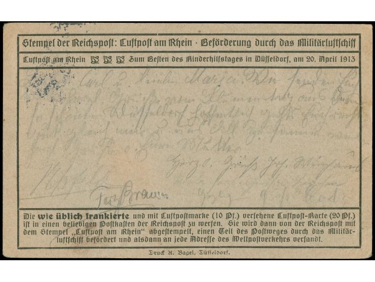 1913, Zeppelinflugtage Düsseldorf 10 Pfennig auf Sonder-Flugpostkarte mit Germania 5 Pfennig mit Flugpost-Stempel "Luftpost a