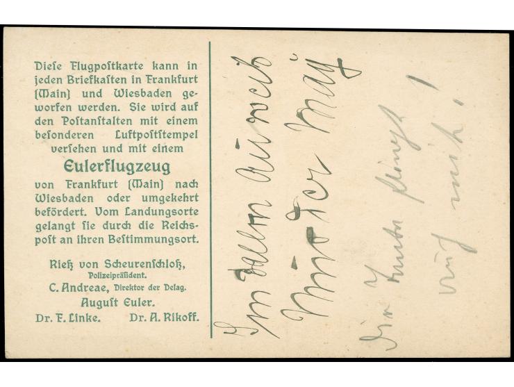 1912, Flugpostkarte 5 Pf / 1 Mark Eulerflugzeug, Luftpoststempel »WIESBADEN - FRANKFURT (MAIN) LUFTPOST 12.10.12« nach Strass