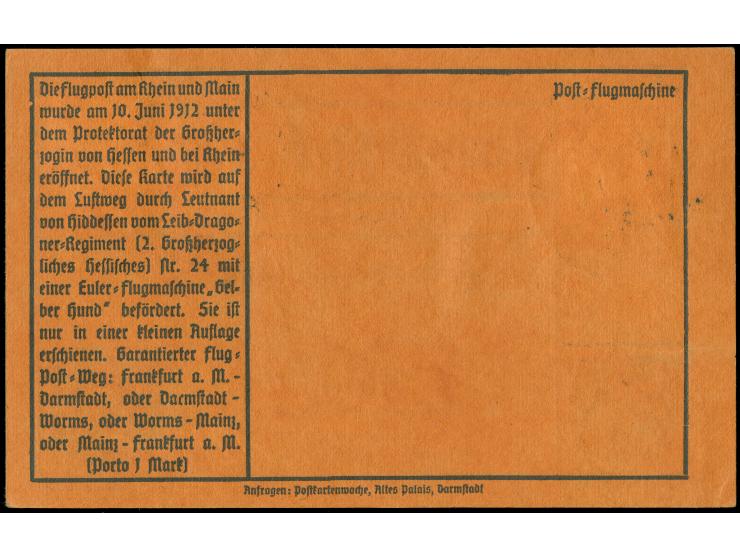 1912, Gelber Hund 1 M., 2 Einzelwerte auf entsprechender Sonderkarte mit Germania 5 Pfg. und Flugpoststempel "Darmstadt 18.6.