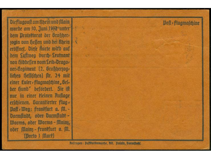 1912, Gelber Hund 1 M. auf entsprechender Sonderkarte mit Germania 5 Pfg. und Flugpoststempel "Darmstadt 17.6.12", einwandfre