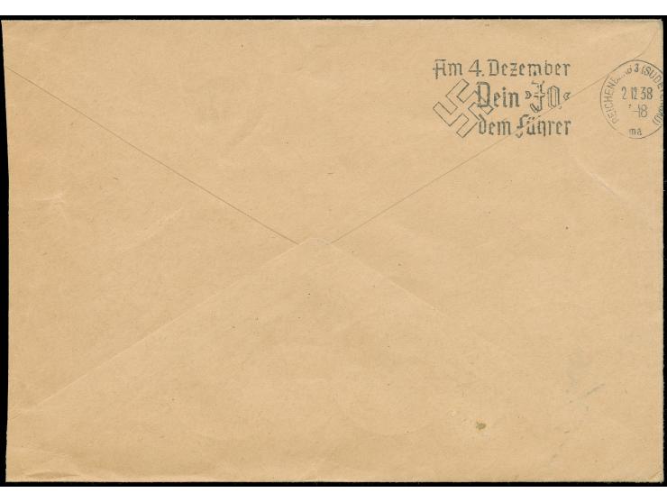 1938, Sudetenlandfahrt zwei Karten und zwei Briefe mit schönen Frankaturen, dabei K1 “Einschreiben unzulässig”
